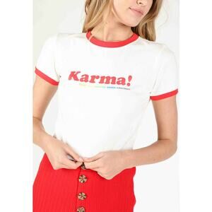 Wild Honey KARMA Cropped T Top Short Sleeves Crew Neck White With Red Trim Large